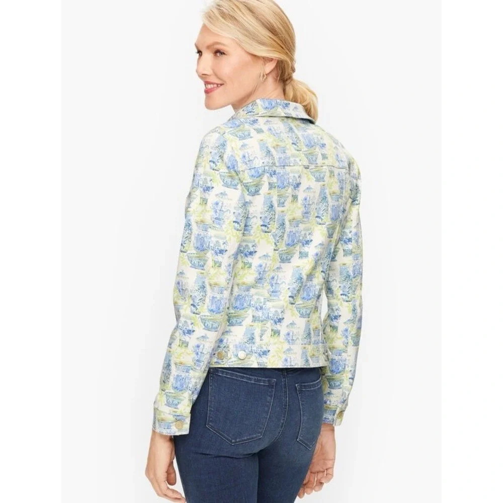 Talbots Printed Jean Jacket XS Blue Green Watercolor Vases Button Front Parisian